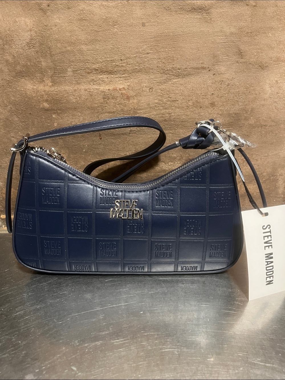 Steve Madden Navy Embossed Shoulder Bag with Chain Detail